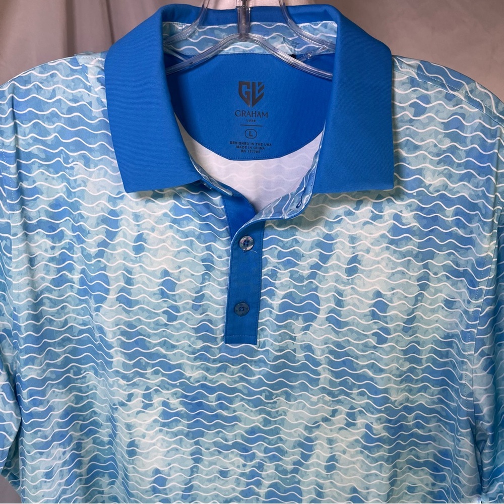 Graham‎ Luxe Men’s Current Polo Wave Pattern Blue Polo Golf Shirt Blue Large